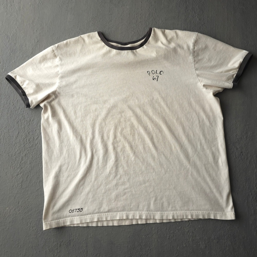 Vintage 90s Polo Sport Ralph Lauren Cream Ringer T-shirt XL Polo 67 Graphic